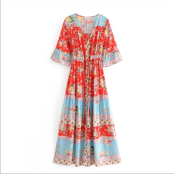 Blue V Neck Boho Floral Gypsy Print Maxi Dress - Picture 9 of 16